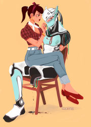 Rule 34 | 1boy, 1girl, alternate costume, alternate hairstyle, amputee, bad id, bad pixiv id, bracelet, breasts, broken, brown hair, cleavage, covered face, crossed legs, cruiser d.va, cyborg, d.va (overwatch), dirty, dirty face, earrings, flats, front-tie top, genji (overwatch), hoop earrings, jewelry, lipstick, makeup, marit riis haugen, mechanical parts, nail polish, overwatch, overwatch 1, ponytail, red footwear, repairing, shoes, sitting, sitting on lap, sitting on person, small breasts, triple amputee, yellow background