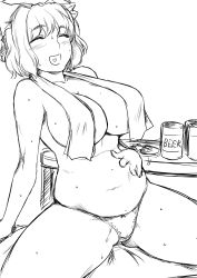 Rule 34 | 1girl, alcohol, beer, breasts, cleavage, female focus, greyscale, highres, huge breasts, letty whiterock, monochrome, namidame, plump, solo, topless, touhou, towel, underwear, underwear only