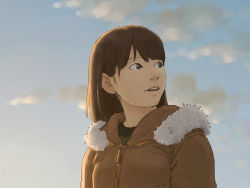 Rule 34 | 1girl, brown eyes, brown hair, child, open mouth, original, outdoors, portrait, realistic, short hair, sky, solo, tnt (aaaazzzz), winter clothes