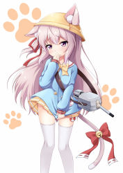 Rule 34 | 1girl, 7nanappe, animal ears, azur lane, bell, blue shirt, blush, bow, bowtie, cannon, cat ears, cat girl, cat tail, commentary request, covered mouth, ears through headwear, hair between eyes, hair ribbon, head tilt, highres, jingle bell, kindergarten uniform, kisaragi (azur lane), lifebuoy, long hair, long sleeves, looking away, looking to the side, one side up, pink hair, pleated skirt, purple eyes, red bow, red ribbon, ribbon, shirt, shirt tug, skirt, solo, swim ring, tail, tail bell, tail bow, tail ornament, tears, thighhighs, turret, very long hair, white thighhighs, yellow bow, yellow bowtie, yellow skirt