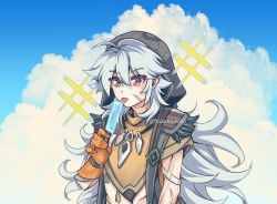 Rule 34 | 1boy, ahoge, blue sky, closed mouth, cloud, cloudy sky, cumulonimbus cloud, day, eyes visible through hair, fingerless gloves, food, fur trim, genshin impact, gloves, gradient sky, grey hair, hair between eyes, highres, holding, holding food, hood, hood up, jewelry, licking, long hair, male focus, melting, necklace, orange gloves, outdoors, partially fingerless gloves, pink eyes, popsicle, razor (genshin impact), scar, scar on face, sky, solo, sparkle, tongue, tongue out, upper body, yuzukiyo