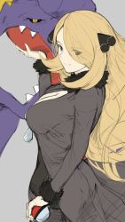 Rule 34 | 1girl, black coat, black pants, black shirt, blonde hair, breasts, cleavage, coat, creatures (company), cynthia (pokemon), eyes visible through hair, from side, fur-trimmed sleeves, fur collar, fur trim, game freak, garchomp, gen 4 pokemon, grey eyes, hair ornament, hair over one eye, hand up, highres, holding, holding poke ball, ippers, large breasts, long hair, nintendo, pants, poke ball, poke ball (basic), pokemon, pokemon (creature), pokemon dppt, shirt, smile, very long hair