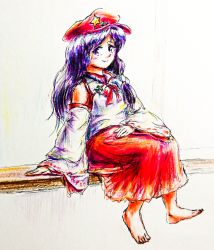 Rule 34 | 1girl, artist request, bare shoulders, barefoot, blush, bow, breasts, cabbie hat, closed mouth, colored pencil (medium), detached sleeves, dolls in pseudo paradise, eyelashes, flat cap, hat, highres, label girl (dipp), long hair, long skirt, looking at viewer, makeup, medium breasts, purple eyes, purple hair, red hat, red neckwear, red skirt, ribbon, simple background, sitting, skirt, smile, solo, star (symbol), touhou, traditional media, vest, white background, white bow, white sleeves, white vest