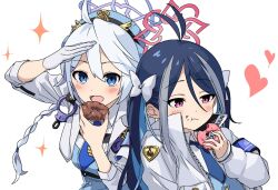 Rule 34 | 2girls, antenna hair, blue archive, blue eyes, blue hair, blue halo, blue necktie, blush, closed mouth, doughnut, eating, food, food on face, fubuki (blue archive), grey hair, halo, heart, highres, holding, holding food, jacket, kirino (blue archive), long hair, long sleeves, momomatang, multicolored hair, multiple girls, necktie, open mouth, red eyes, red halo, simple background, smile, twintails, upper body, white background, white jacket