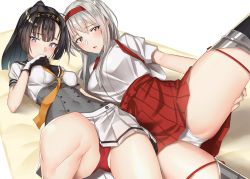 Rule 34 | 2girls, akizuki (kancolle), black hair, blue eyes, blush, breasts, breasts apart, brown eyes, clothes writing, collarbone, commentary request, corset, covering own mouth, groin, hachimaki, hairband, hand on own thigh, headband, kantai collection, large breasts, long hair, looking at viewer, lying, medium breasts, miniskirt, multiple girls, navel, neckerchief, on back, open mouth, pallad, panties, pantyshot, pleated skirt, ponytail, red hairband, school uniform, serafuku, shoukaku (kancolle), sidelocks, silver hair, skirt, stomach, tasuki, underwear, white skirt, yellow neckerchief