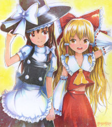 Rule 34 | 2girls, blonde hair, bow, cosplay, costume switch, detached sleeves, female focus, hair bow, hakurei reimu, hakurei reimu (cosplay), holding hands, hat, interlocked fingers, japanese clothes, kirisame marisa, kirisame marisa (cosplay), mayo riyo, miko, multiple girls, navel, touhou, witch, witch hat