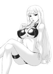 Rule 34 | 00s, 1girl, arm support, bare shoulders, bikini, breasts, cleavage, cleavage cutout, clothing cutout, covered erect nipples, food, greyscale, large breasts, legs, crossed legs, licking, long hair, looking at viewer, monochrome, navel, popsicle, selvaria bles, senjou no valkyria (series), senjou no valkyria 1, side-tie bikini bottom, sitting, solo, swimsuit, thigh strap, thighs, underboob, yaso shigeru