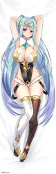 Rule 34 | 1girl, absurdres, armpits, arms behind head, arms up, asymmetrical legwear, bare shoulders, black leotard, blue hair, breasts, brown thighhighs, circlet, cleavage, dakimakura (medium), detached collar, epic seven, full body, gold trim, highleg, highleg leotard, highres, large breasts, leotard, long hair, looking at viewer, lying, mismatched legwear, on back, open mouth, red eyes, resolution mismatch, roana (epic seven), solo, source smaller, thigh gap, thighhighs, thighs, two side up, twomoon, very long hair, white thighhighs