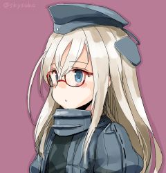 Rule 34 | 10s, 1girl, bespectacled, blonde hair, blue eyes, blush, commentary, garrison cap, glasses, hat, kantai collection, long hair, looking away, parted lips, purple background, red-framed eyewear, solo, suka, twitter username, u-511 (kancolle), upper body