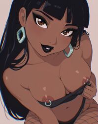 1girl black_hair black_lips black_panties black_tube_top brown_eyes chel_(the_road_to_el_dorado) dark-skinned_female dark_nipples dark_skin earrings fishnet_pantyhose fishnets goth_chel goth_fashion highres jewelry long_hair looking_at_viewer mewmirth navel nipple_piercing nipple_rings nipple_slip nipples panties pantyhose piercing solo strapless the_road_to_el_dorado tube_top underwear