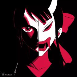 Rule 34 | 1boy, aboude art, androgynous, artist name, black hair, blunt bangs, closed mouth, hair ornament, hair ribbon, horned mask, instagram logo, instagram username, kikunojo (one piece), limited palette, long hair, looking at viewer, male focus, mask, one piece, oni mask, red ribbon, ribbon, signature, solo, tusks