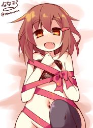 Rule 34 | 10s, 1girl, artist name, black thighhighs, blush, eyebrows, fang, hair ornament, hairclip, heart, ikazuchi (kancolle), kantai collection, looking at viewer, naked ribbon, nanateru, navel, nude, open mouth, personification, ribbon, short hair, smile, solo, thighhighs