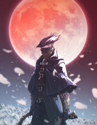 Rule 34 | 1boy, belt, bloodborne, bracer, capelet, coat, cowboy shot, full moon, gloves, grey hair, hat, highres, holding, holding weapon, hunter (bloodborne), male focus, mask, moon, mouth mask, night, open clothes, open coat, peco (ppeco0), petals, profile, red eyes, red moon, scarf, solo, tricorne, weapon