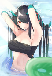Rule 34 | 1girl, absurdres, arknights, armpits, arms up, bandeau, bare shoulders, bikini, black hair, breasts, cleavage, commentary, dusk (arknights), hands in hair, highres, horns, kunizaki, large breasts, navel, orange eyes, solo, stomach, strapless, strapless bikini, swimsuit, tube top, upper body, water