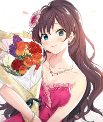 Rule 34 | 1girl, bare arms, blue eyes, blurry, bouquet, bracelet, breasts, brown hair, cleavage, depth of field, dress, earrings, flower, frilled dress, frills, hair flower, hair ornament, heart, heart print, highres, holding, holding bouquet, ichinose shiki, idolmaster, idolmaster cinderella girls, jewelry, leaning to the side, long hair, looking at viewer, medium breasts, necklace, orange flower, orange rose, parted lips, polka dot, polka dot dress, red dress, red flower, red rose, rose, simple background, solo, strapless, strapless dress, upper body, very long hair, wenquangua, white background