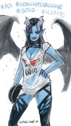 Rule 34 | 1girl, agito666, black hair, black thighhighs, blue skin, breasts, bucket, cleavage, clothes writing, colored skin, contrapposto, demon girl, demon wings, dota (series), dota 2, grin, hand on own hip, heart, highres, horns, lips, lipstick, long hair, looking at viewer, makeup, one eye closed, pointy ears, print shirt, queen of pain (dota), red eyes, red lips, shirt, short sleeves, smile, solo, spread wings, standing, thighhighs, watermark, web address, wet, wet clothes, wet shirt, white background, white shirt, wings