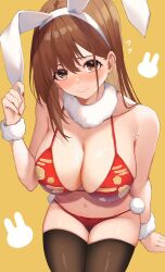 Rule 34 | 1girl, animal ears, bad id, bad twitter id, bare shoulders, bikini, blush, breasts, brown eyes, brown hair, cleavage, fake animal ears, highres, large breasts, long hair, original, rabbit ears, simple background, solo, swimsuit, thighhighs, thighs, udon (udonalium), yellow background