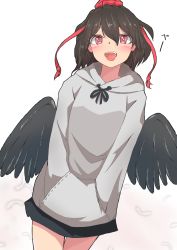 Rule 34 | 1girl, absurdres, alternate costume, bird wings, black hair, black skirt, blush, bright pupils, cowboy shot, feathered wings, feathers, gradient background, grey hoodie, hair between eyes, hands in pockets, hat, highres, hood, hood down, hoodie, leaning to the side, looking at viewer, miniskirt, mizune (winter), open mouth, pink background, red eyes, red hat, shameimaru aya, skirt, solo, standing, teeth, tokin hat, tongue, tongue out, touhou, upper teeth only, white background, white pupils, wings