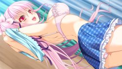 Rule 34 | 1girl, alto seneka, arms up, ass, blush, bra, breasts, curtains, dutch angle, female focus, game cg, hair ornament, hair ribbon, kamishiro rise, large breasts, long hair, open mouth, panties, pink bra, pink eyes, pink hair, pink panties, plaid, plaid skirt, ribbon, sakura synchronicity, skirt, smile, solo, twintails, underwear, undressing