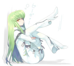 Rule 34 | 1girl, ass, boots, c.c., code geass, creayus, green hair, high heels, hugging own legs, legs, long hair, looking at viewer, shoes, sitting, solo, straitjacket, translated, yellow eyes