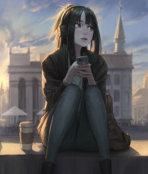 Rule 34 | 1girl, backpack, bad id, bad twitter id, bag, black eyes, black hair, black jacket, blurry, blurry background, boots, brown bag, cellphone, coffee cup, commentary, cup, denim, disposable cup, english commentary, headphones, highres, holding, holding phone, iphone, jacket, jeans, lips, long hair, looking to the side, nose, nuker (nukerdraws), open clothes, open jacket, original, outdoors, pants, phone, shirt, sidelocks, sitting, smartphone, solo, unworn backpack, unworn bag, white shirt