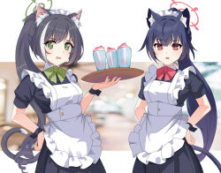 Rule 34 | 2girls, alternate costume, alternate hairstyle, animal ear fluff, animal ears, apron, black hair, blue archive, blurry, cat ears, cat girl, cat tail, commentary, crossover, cup, depth of field, drinking glass, english commentary, enmaided, frilled apron, frills, green eyes, hair between eyes, halo, hands on own hips, highres, holding, holding tray, karyl (princess connect!), long hair, looking at viewer, maid, maid apron, maid headdress, maxwelzy, multicolored hair, multiple girls, parted lips, ponytail, princess connect!, red eyes, serika (blue archive), short sleeves, sidelocks, streaked hair, tail, trait connection, tray, two-tone hair, white apron, wrist cuffs