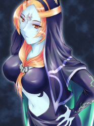 Rule 34 | 1girl, blue skin, colored skin, front ponytail, jewelry, long hair, microspace, midna, midna (true), nintendo, orange hair, red eyes, solo, spoilers, the legend of zelda, the legend of zelda: twilight princess