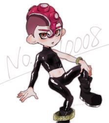 Rule 34 | 1boy, agent 8 (splatoon), arm support, asymmetrical clothes, black jacket, black pants, boots, brown eyes, jacket, looking at viewer, male focus, midriff, mohawk, nintendo, octoling, octoling boy, octoling player character, pants, pink hair, simple background, sitting, solo, splatoon (series), splatoon 2, takozonesu, tentacle hair, twitter username, white background