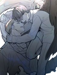 Rule 34 | 2boys, angel wings, arms around neck, black hair, blonde hair, collared shirt, erwin smith, feet out of frame, g321377377, jacket, levi (shingeki no kyojin), long sleeves, looking at another, male focus, multiple boys, muted color, open mouth, pants, shingeki no kyojin, shirt, short hair, sideburns, smile, upper body, white background, wings, yaoi