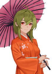 Rule 34 | 1girl, absurdres, ahoge, closed mouth, commission, eyelashes, fl-chan, fl studio, floral print, green hair, hair between eyes, highres, holding, holding umbrella, japanese clothes, jonbur man, kimono, looking at viewer, medium hair, orange kimono, pixiv commission, red eyes, sidelocks, simple background, sky, smile, solo, umbrella, upper body, white background, wide sleeves