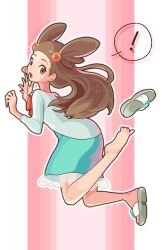 Rule 34 | !, :o, arutarika (ri kaoekaki), brown eyes, brown hair, commentary request, creatures (company), dated, dress, eyelashes, full body, game freak, green dress, hair bobbles, hair ornament, highres, jacket, jasmine (pokemon), long hair, looking back, nintendo, open mouth, outline, pokemon, pokemon hgss, sandals, single barefoot, sleeves past elbows, spoken exclamation mark, sweatdrop, toes, two side up