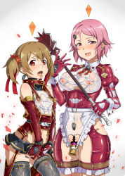 Rule 34 | 2girls, :p, blush, breasts, brown hair, censored, covered navel, crotchless, dildo, ear piercing, earrings, embarrassed, female focus, freckles, frills, gozaru, groin, hair between eyes, heart, heart censor, height difference, highres, holding, holding staff, jewelry, large breasts, legs, lisbeth (sao), looking at viewer, masturbation, miniskirt, multiple girls, navel, nipple piercing, nipples, no panties, object insertion, open mouth, piercing, piercing through clothes, pink hair, pussy, pussy juice, pussy juice trail, red eyes, revealing clothes, see-through, sex toy, short hair, silica, simple background, skirt, small breasts, staff, standing, sword art online, sword art online: code register, thighhighs, thighs, tongue, tongue out, tongue piercing, twintails, vaginal, vaginal object insertion, wet, white background