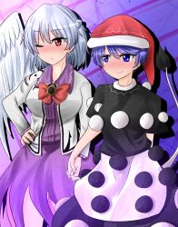 Rule 34 | 2girls, :&gt;, :/, arm behind back, blue hair, blush, bow, bowtie, braid, doremy sweet, dress, full-face blush, gradient background, hand on own hip, hat, highres, holding hands, interlocked fingers, jacket, kishin sagume, layered dress, long sleeves, looking to the side, multiple girls, nightcap, one eye closed, open clothes, open jacket, oshiaki, pom pom (clothes), purple dress, red eyes, short hair, short sleeves, silver hair, single wing, sweat, tail, tapir tail, touhou, wings, yuri