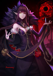 Rule 34 | 1girl, absurdres, bare shoulders, black dress, breasts, character name, cleavage, cowboy shot, detached sleeves, dress, fate/grand order, fate (series), fur collar, highres, long dress, long hair, looking at viewer, pointy ears, purple hair, semiramis (fate), smile, standing, w arms, yellow eyes, yun lin