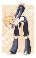 Rule 34 | 1boy, arms behind back, bare shoulders, bass clef, bent over, black legwear, black shorts, black sleeves, blonde hair, commentary, d futagosaikyou, detached sleeves, expressionless, full body, green eyes, highres, interlocked fingers, kagamine len, kagamine len (append), leg warmers, looking at viewer, male focus, one eye closed, outstretched arms, own hands together, pendant choker, shirt, short ponytail, shorts, sleeveless, sleeveless shirt, solo, spiked hair, standing, stretching, striped, striped background, translated, vocaloid, vocaloid append, white shirt, yellow background