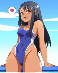 Rule 34 | 1girl, absurdres, abysswatchers, alternate breast size, arm support, bare legs, black hair, blue one-piece swimsuit, blue sky, breasts, brown eyes, cameltoe, cleavage, competition swimsuit, curvy, dark-skinned female, dark skin, fang, heart, highleg, highleg swimsuit, highres, ijiranaide nagatoro-san, long hair, looking at viewer, medium breasts, nagatoro hayase, one-piece swimsuit, sky, swimsuit, tan, tanline, thighs, water, wide hips