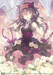 Rule 34 | 1girl, :d, ^ ^, ahoge, animal ears, bad id, bad pixiv id, bare shoulders, black dress, black hair, blush, bow, cat ears, chain, clenched hands, closed eyes, copyright name, cuffs, dress, closed eyes, flower, frilled dress, frills, gradient hair, hairband, happy tears, lolita hairband, long hair, looking at viewer, multicolored hair, nozomi fuuten, open mouth, original, pink hair, purple bow, purple flower, purple rose, rose, shackles, sleeveless, sleeveless dress, smile, solo, tears, z/x