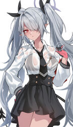 Rule 34 | 1girl, absurdres, black gloves, blue archive, breasts, commentary, dark-skinned female, dark skin, demon tail, gloves, grey hair, hair over one eye, hair ribbon, halo, highres, iori (blue archive), long hair, looking at viewer, medium breasts, pointy ears, red eyes, ribbon, see-through, see-through shirt, shigure s, solo, swimsuit, tail, twintails, very long hair, wet, wet clothes