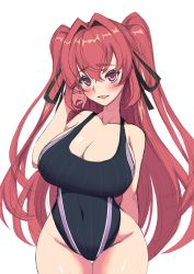 Rule 34 | 1girl, breasts, cleavage, competition swimsuit, highres, large breasts, long hair, looking at viewer, naruse mio, one-piece swimsuit, red hair, shinmai maou no testament, swimsuit
