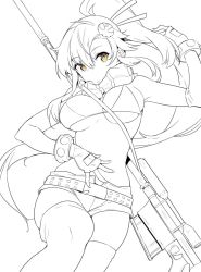 Rule 34 | 00s, 1girl, :o, arm up, belt, between breasts, bikini, bikini top only, breasts, brown eyes, cleavage, fingerless gloves, gloves, greyscale, gun, hair ornament, hair stick, large breasts, lineart, long hair, looking at viewer, midriff, monochrome, open mouth, ponytail, rifle, scarf, scope, short shorts, shorts, simple background, skull hair ornament, sniper rifle, solo, spot color, strap between breasts, striped clothes, striped scarf, studded belt, studded bracelet, swimsuit, tengen toppa gurren lagann, thighhighs, very long hair, weapon, white background, yoko littner, yuran