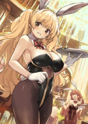 Rule 34 | 2girls, bare shoulders, blonde hair, breasts, brown eyes, cleavage, cup, detached collar, drinking glass, granblue fantasy, highres, holding, kztk, leotard, long hair, looking at viewer, monika weisswind, multiple girls, pantyhose, playboy bunny, princess connect!, red hair, thighs, twintails, very long hair