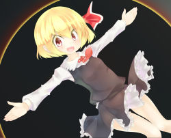 Rule 34 | 1girl, blonde hair, blush, fang, gplnbeat, hair ribbon, highres, open mouth, outstretched arms, red eyes, ribbon, rumia, solo, touhou