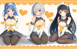 Rule 34 | 10s, 3girls, adapted costume, bad id, bad pixiv id, bare shoulders, between legs, black hair, black legwear, blue eyes, blue hair, blush, breasts, cleavage, collar, double bun, elbow gloves, eyebrows, feet, frilled collar, frills, gloves, hair between eyes, hair bun, hair ornament, hair over one eye, hair ribbon, hairband, hairclip, hamakaze (kancolle), hand between legs, heart, highres, isokaze (kancolle), kantai collection, kneeling, long hair, looking at viewer, maid headdress, medium breasts, multiple girls, no shoes, open mouth, pantyhose, pleated skirt, red eyes, red ribbon, ribbon, short hair, silver hair, skirt, tebi (tbd11), tress ribbon, urakaze (kancolle), v arms, white gloves