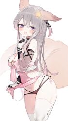 Rule 34 | 1girl, :3, absurdres, animal ears, annytf, armpit crease, bare shoulders, black gloves, black panties, blush, breasts, cleavage, clothes lift, commentary, cowboy shot, curvy, detached sleeves, finger to mouth, fingerless gloves, gloves, grey hair, hair between eyes, hair ornament, highres, holding, holding clothes, indie virtual youtuber, lace-trimmed sleeves, lace trim, large breasts, large tail, long hair, looking at viewer, naughty face, one side up, open mouth, panties, purple eyes, revealing clothes, see-through, see-through sleeves, simple background, smile, solo, star (symbol), star hair ornament, tail, tamafurin, thighhighs, underwear, v, virtual youtuber, white background, white thighhighs
