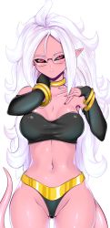 Rule 34 | 1girl, absurdres, android 21, bandeau, bangle, black bandeau, black nails, black panties, black sclera, black sleeves, bracelet, breasts, cameltoe, collarbone, colored sclera, colored skin, cowboy shot, detached sleeves, dragon ball, dragon ball fighterz, female focus, fir3born, glasses, gluteal fold, gold bracelet, gold trim, groin, hand on own neck, hands up, highres, jewelry, large breasts, long hair, long sleeves, looking at viewer, majin android 21, messy hair, navel, neck ring, panties, parted bangs, parted lips, pink skin, pointy ears, red eyes, shiny skin, sidelocks, simple background, solo, standing, stomach, tail, teeth, underwear, white background, white hair