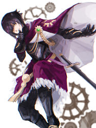 Rule 34 | 1boy, absurdres, black footwear, black gloves, black hair, cape, fire emblem, fire emblem heroes, gears, gloves, hair between eyes, highres, nintendo, otr (fire emblem), purple cape, semito310, short hair, solo, sword, thumb to mouth, weapon, white background, yellow eyes
