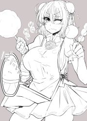 Rule 34 | 1girl, bandages, belly, breasts, bun cover, candy apple, chinese clothes, cotton candy, double bun, eating, female focus, flower, food, greyscale, highres, huge breasts, ibaraki kasen, monochrome, navel, one eye closed, roki (hirokix), rose, short hair, solo, stomach growling, tabard, touhou