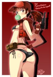 Rule 34 | 1girl, ass, belt, bikini, black bikini, breasts, brown eyes, brown hair, bubble, blowing bubbles, butt crack, chewing gum, commission, dated, english text, fingerless gloves, from behind, gloves, gun, hand on own hip, handgun, highres, holding, holding gun, holding weapon, long hair, looking at viewer, looking back, macaroni hourensou, medium breasts, metal slug, open clothes, open vest, ponytail, red eye (metal slug), red gloves, red vest, sideboob, signature, skeb commission, snk, solo, swimsuit, utility belt, vest, weapon
