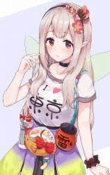 Rule 34 | 1girl, black choker, black hairband, black skirt, blush, bow, brown eyes, choker, closed mouth, clothes writing, commentary request, elf, elu (1st costume) (nijisanji), elu (nijisanji), fairy wings, flower, food, green wings, hair down, hair flower, hair ornament, hairband, hand up, highres, i heart..., light brown hair, long hair, looking at viewer, nijisanji, pleated skirt, pointy ears, purple background, racchi., red bow, red flower, scrunchie, shirt, short sleeves, skirt, solo, striped, striped bow, sushi, transparent, transparent wings, two-tone background, very long hair, virtual youtuber, wavy mouth, white background, white shirt, wings, wrist scrunchie