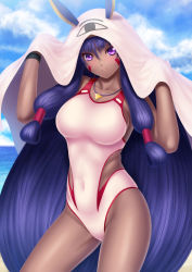 Rule 34 | 1girl, cloud, contrapposto, covered navel, dark-skinned female, dark skin, day, facial mark, fate/grand order, fate (series), hair tubes, highres, jewelry, long hair, masatoki, necklace, nitocris (fate), nitocris (fate/grand order), nitocris (swimsuit assassin) (fate), nitocris (swimsuit assassin) (second ascension) (fate), one-piece swimsuit, outdoors, purple eyes, sky, standing, swimsuit, wristband